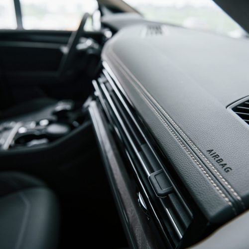 Place for airbag. Close up view of interior of brand new modern luxury automobile.